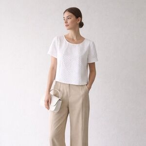 White Textured Dot Cap Sleeve Blouse – Women’s Medium Minimalist Top